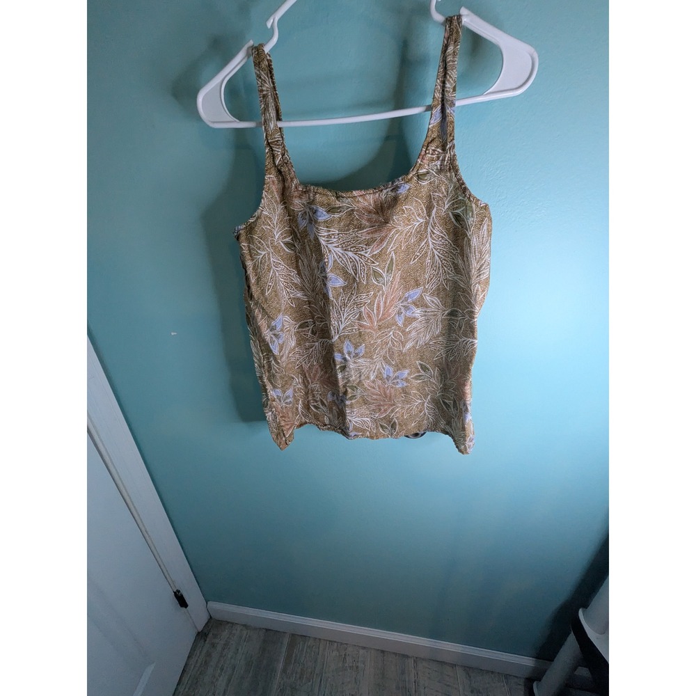 Cynthia‎ Rowley Womens 100% Linen Floral Batik Tank Top Tan Green Small